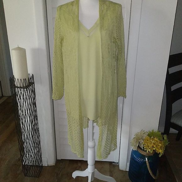 NWT Sigrid Olsen 2-Pc Signature Celery Green Shell Blouse. Sz. L - Picture 1 of 15